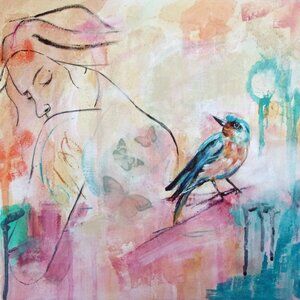 Original Abstract Realism Female Portrait Canvas Wall Art, Mixed Media